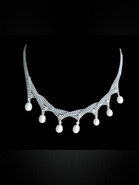 Vtg. Silver Mesh Genuine Pearls Drop Necklace